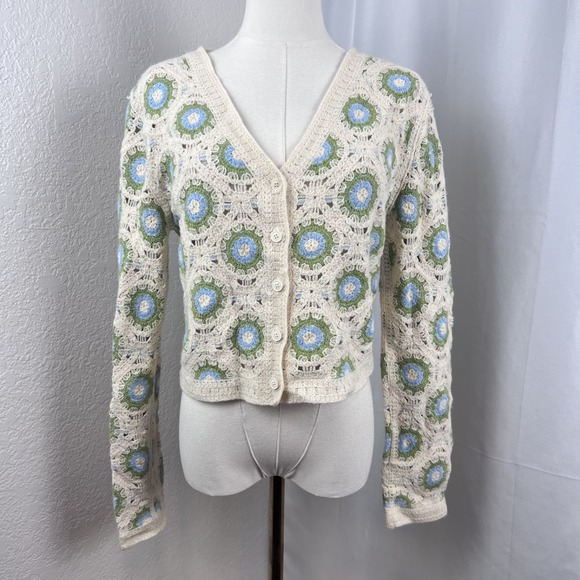 eye candy Sweaters - Y2K Granny Square Sweater Womens OS Cream Semi Crop Cardigan Boho Cottagecore